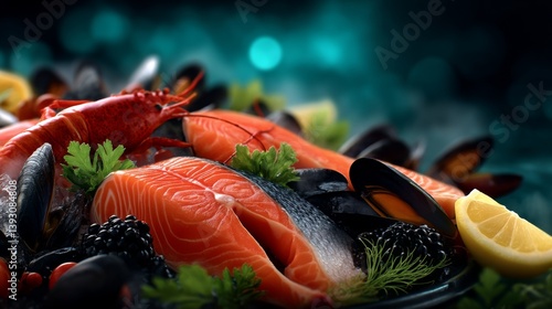 Obraz na płótnie Fresh seafood platter featuring salmon, shrimp, and mussels with lemon w salonie