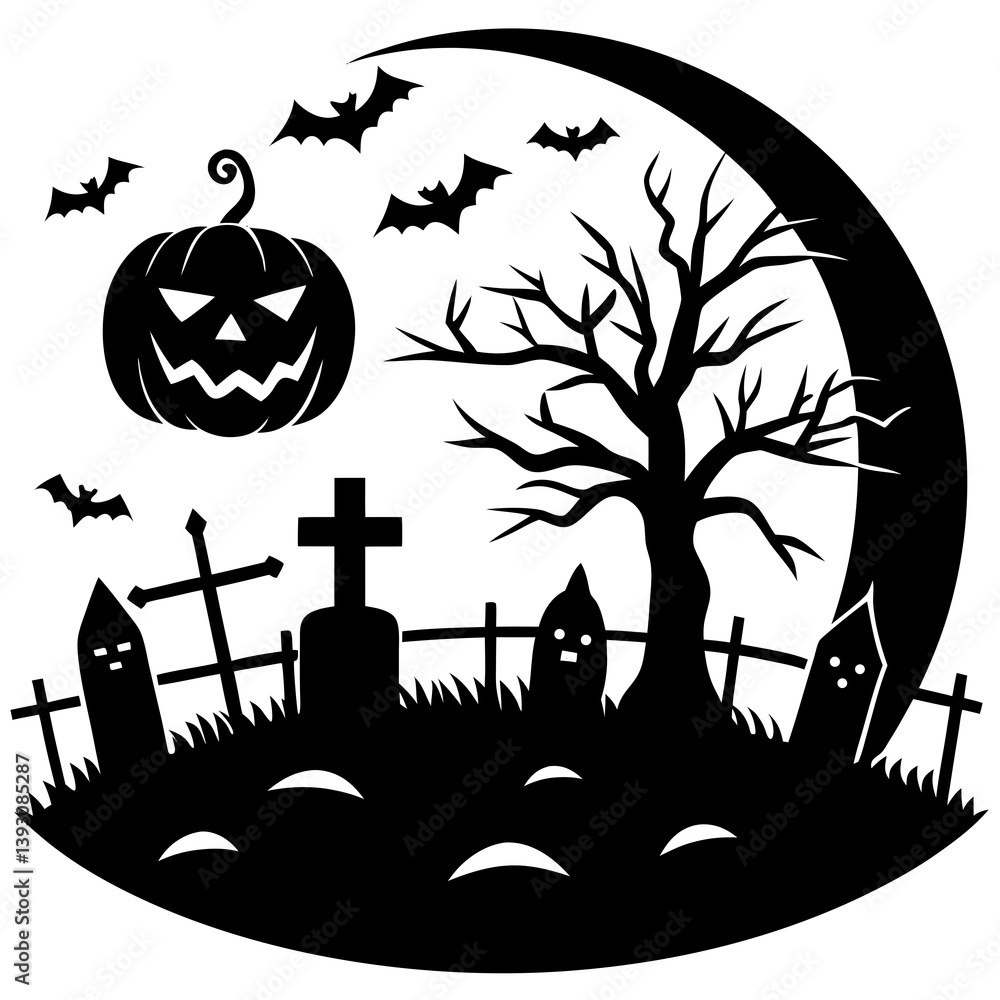 Vector art of Halloween graveyard with pumpkins. High-resolution and ready for seasonal digital and print use. Vector art of Halloween graveyard with pumpkins. High-resolution and ready for seasonal digital and print use.