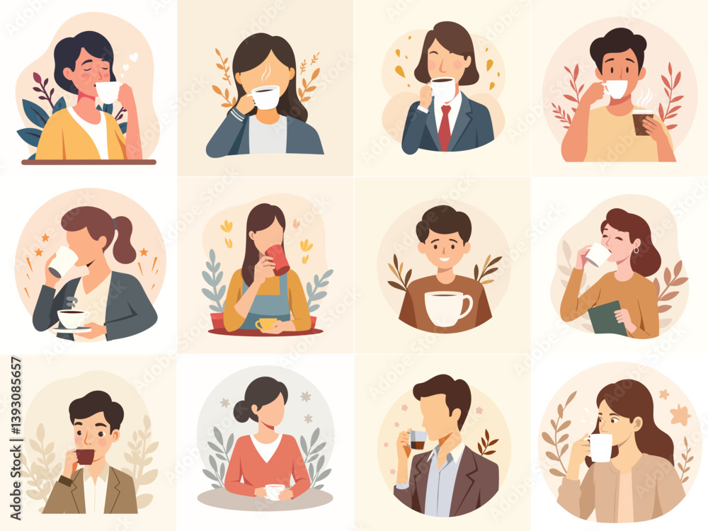 Collection of people enjoying hot drinks with relaxed mood in flat vector style illustration Collection of people enjoying hot drinks with relaxed mood in flat vector style illustration