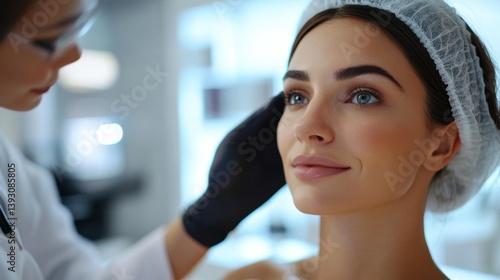 Free Download Woman receiving facial treatment. Doctor with black gloves examines patient face. Bright cosmetology room. Healthcare and beauty concept. Close up shot. - GFXLoad