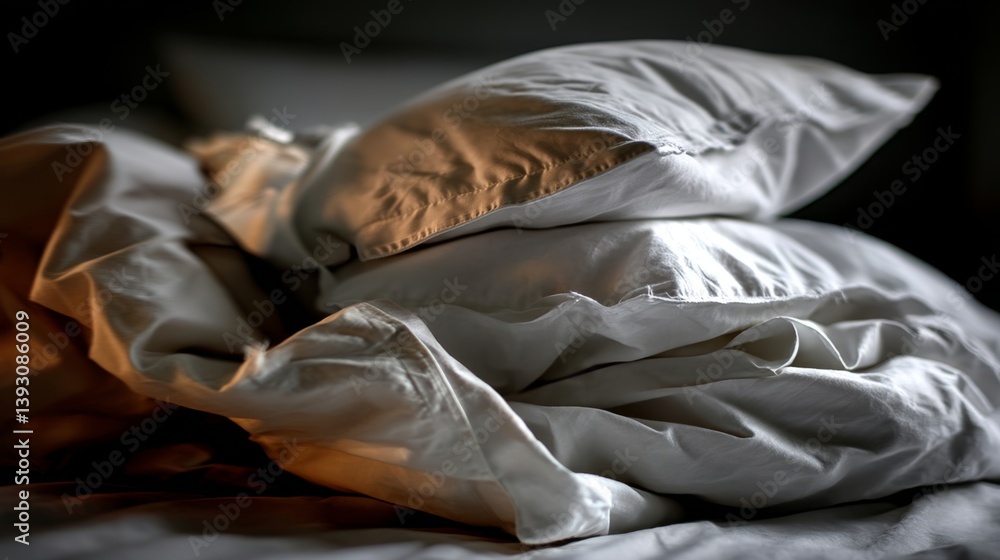 Soft, crumpled pillows stacked on a bed, creating a cozy atmosphere