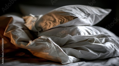 Obraz na płótnie Soft, crumpled pillows stacked on a bed, creating a cozy atmosphere w salonie