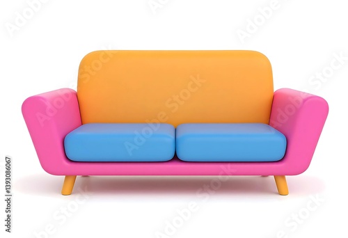 Colorful Modern Sofa in Bright Pink, Orange, and Blue Design Isolated on White Background