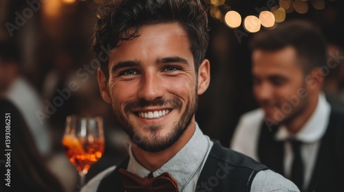 Obraz na płótnie Smiling man in a formal outfit holding a cocktail at a festive event w salonie