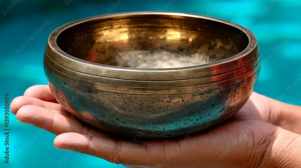 Hand holding a beautiful brass bowl with a shimmering surface