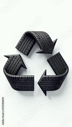 Creative tire recycling symbol made from tires formed into a triangle, layered, green