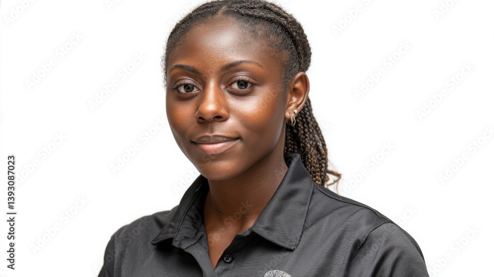 Confident young woman in a black shirt with a professional expression