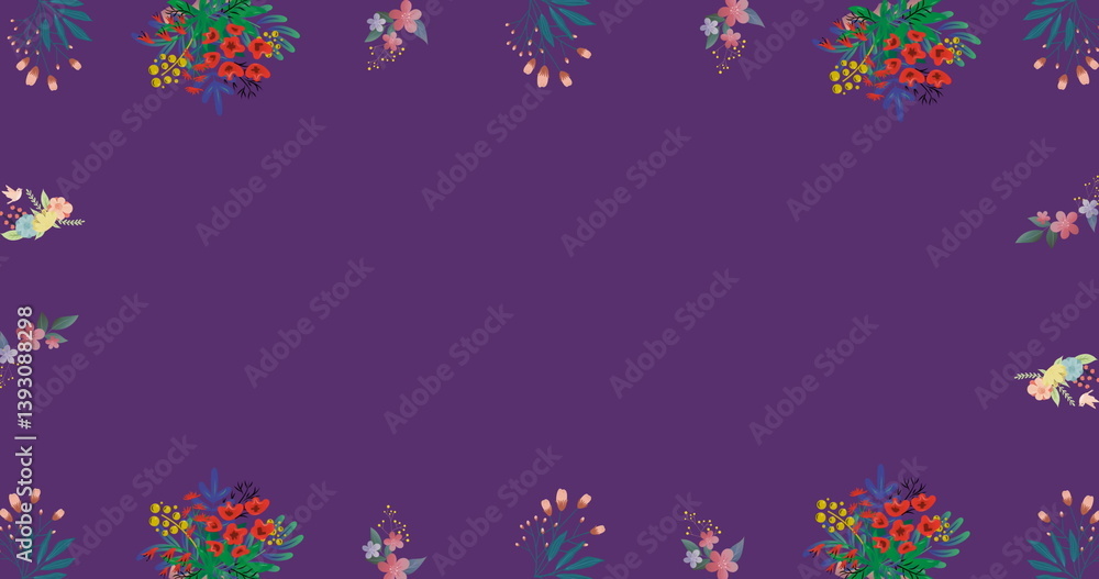 Image of flowers moving in hypnotic motion on purple background Image of flowers moving in hypnotic motion on purple background