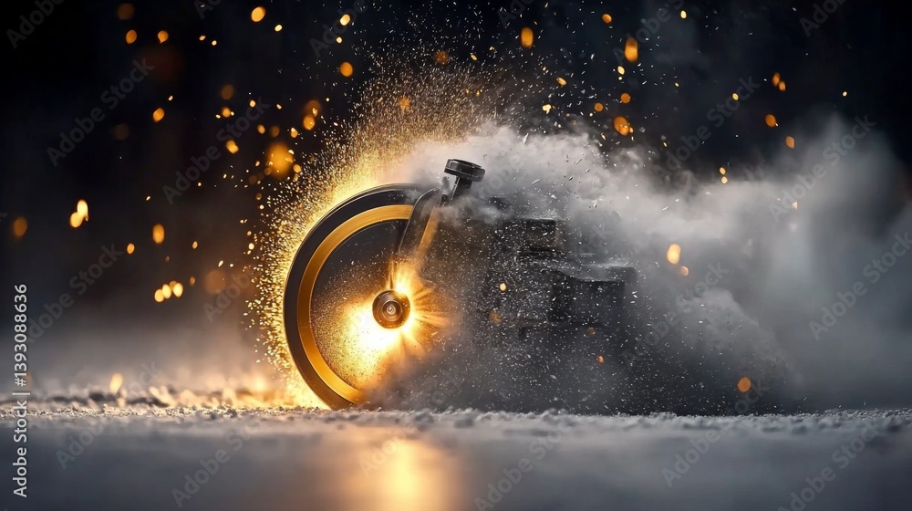 A dynamic close-up of a bicycle wheel creating sparks and dust