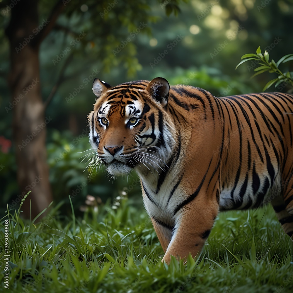 Fototapeta premium beautiful bengal tiger with lush green habitat background
