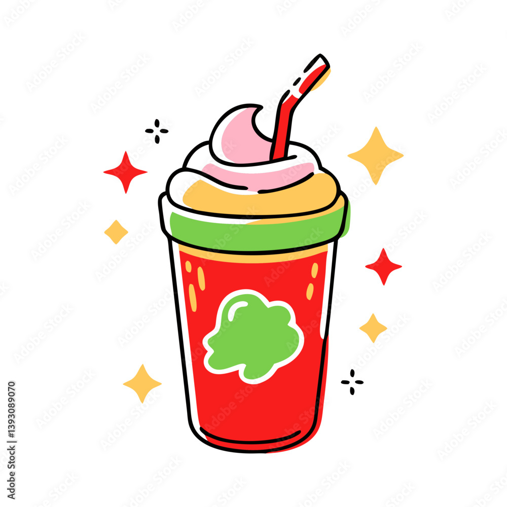 Obraz premium Fun vector of a red dessert drink topped with whipped cream and a straw, decorated with sparkles and a playful design.