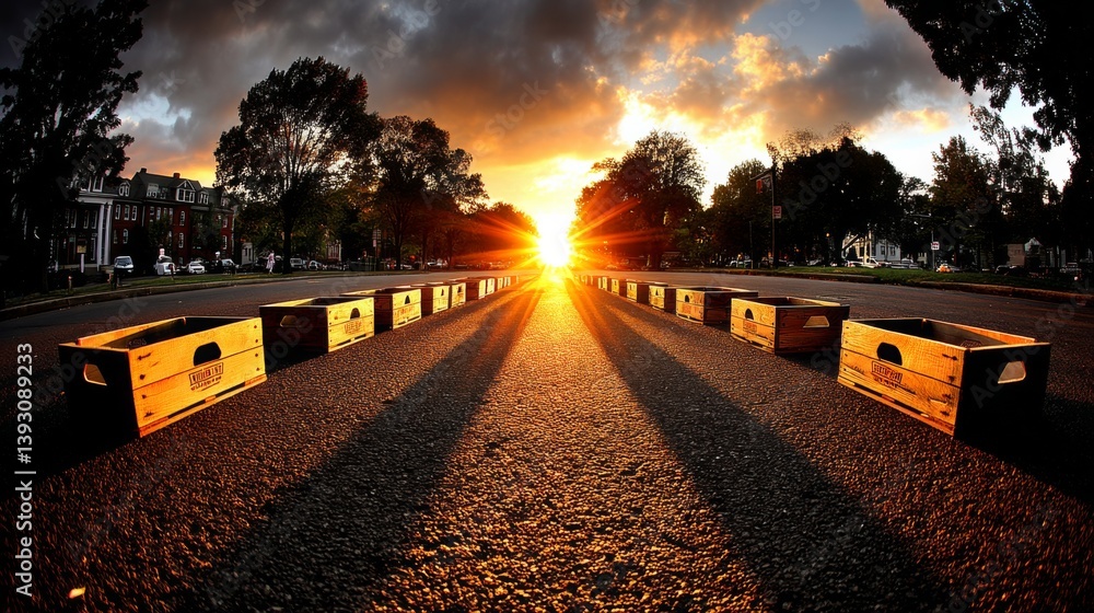 Wooden crates lined up on a road with a stunning sunset in the background