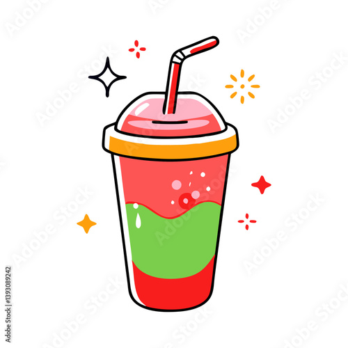 Vibrant vector of a layered red and green fizzy drink with bubbles and a straw, giving off a fresh, fun, and playful vibe.