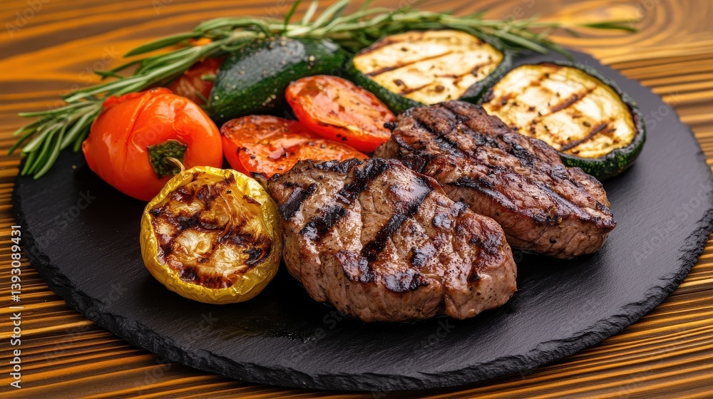 Grilled steak and vegetables arranged beautifully on a slate platter with herbs Grilled steak and vegetables arranged beautifully on a slate platter with herbs