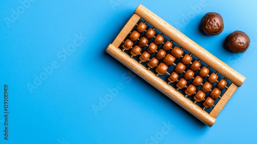 Wooden abacus with brown beads and chocolate truffles on blue background