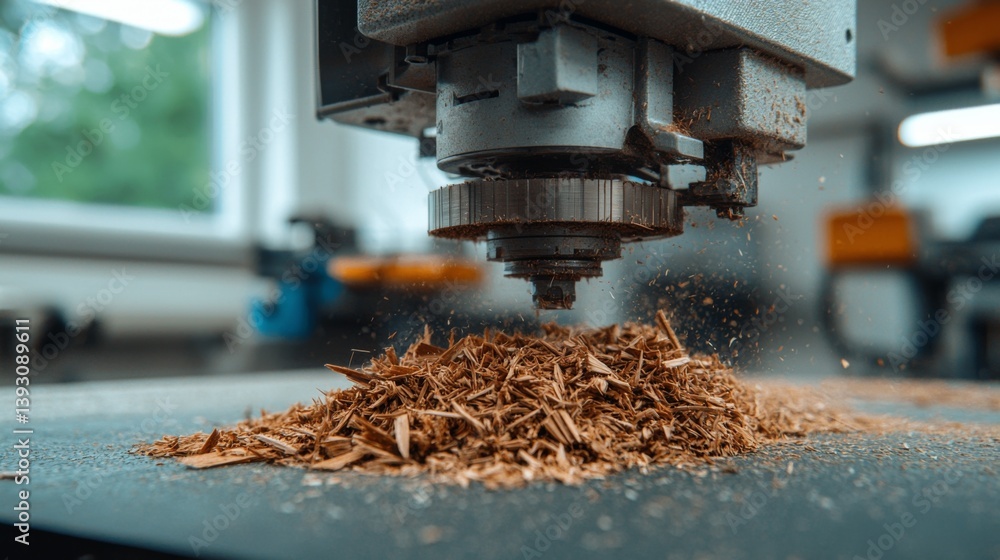 CNC machine cutting wood shavings in a workshop environment