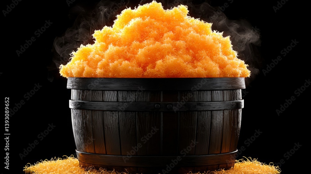 A wooden barrel filled with fluffy orange strands, resembling cotton candy