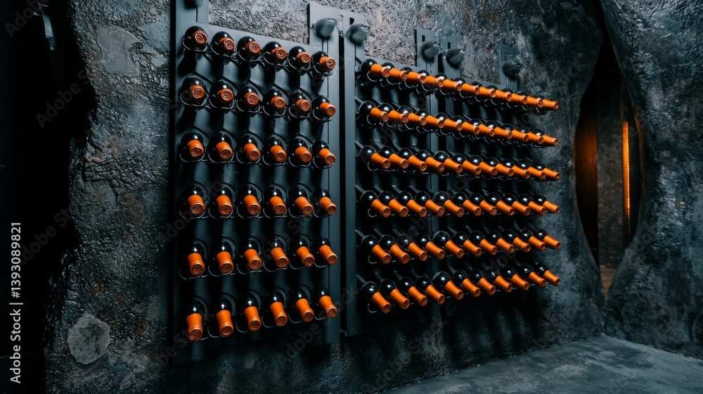 Modern wine cellar with neatly arranged bottles on black racks