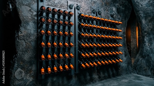 Obraz na płótnie Modern wine cellar with neatly arranged bottles on black racks w salonie