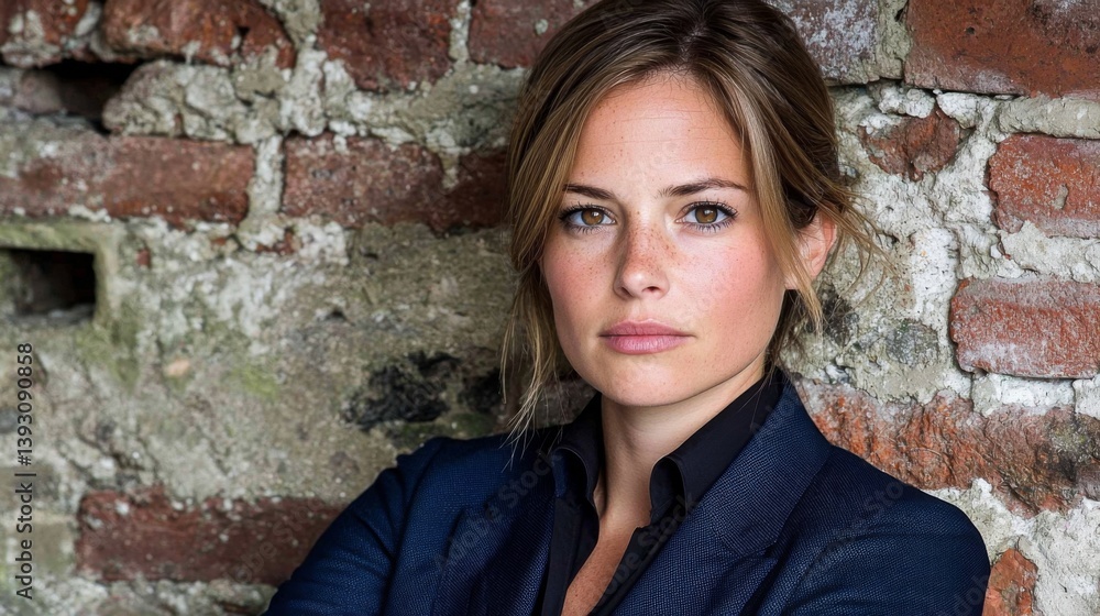 Confident woman in a dark blazer poses against a rustic brick wall