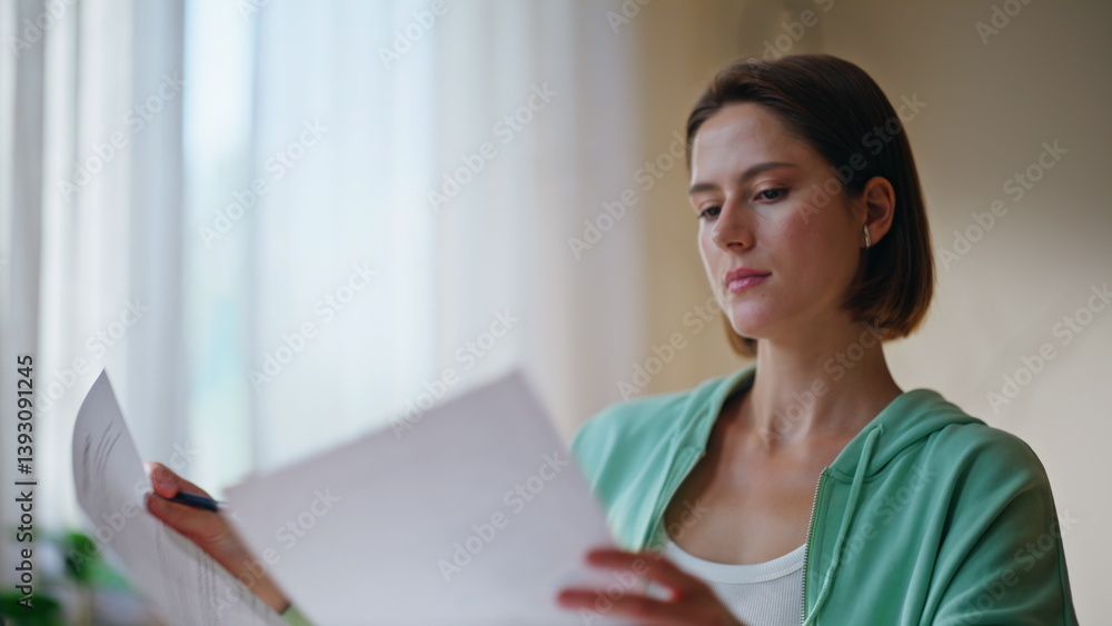 Happy manager reviewing documents feeling satisfied in modern apartment closeup. Happy manager reviewing documents feeling satisfied in modern apartment closeup.