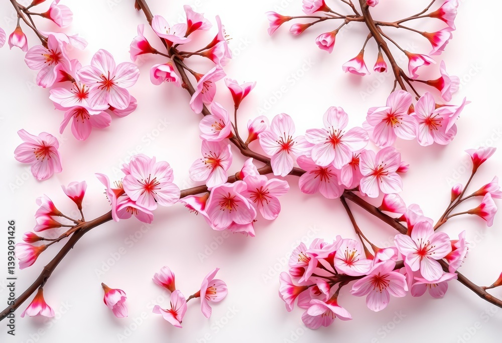 Obraz premium Delicate pink cherry blossoms arranged in a graceful, flowing pattern against a clean, white background, pretty, pink
