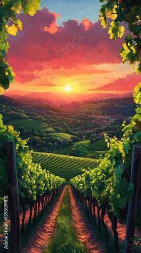 Scenic Vineyard Sunset Landscape: Enchanting Wine Country Adventure