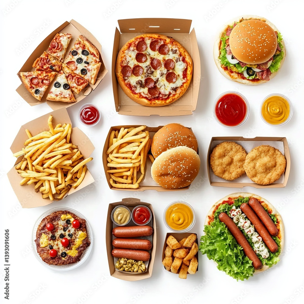 Top view of a fast food menu, against a white background. Food items are displayed on the table in boxes and paper bags, with reflections. set of pizza Top view of a fast food menu, against a white background. Food items are displayed on the table in boxes and paper bags, with reflections. set of pizza
