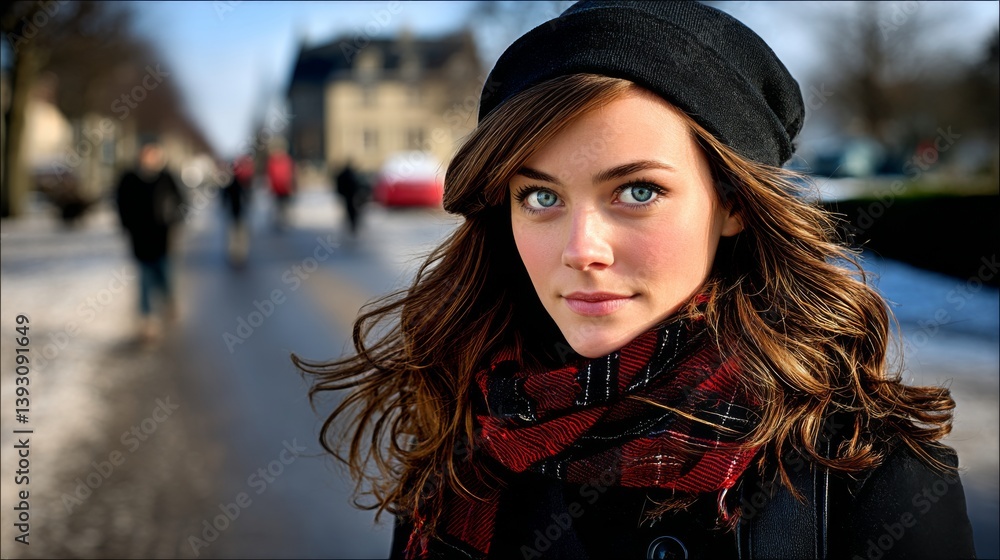 Young woman with striking blue eyes and stylish black hat in winter setting