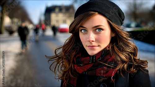 Obraz na płótnie Young woman with striking blue eyes and stylish black hat in winter setting w salonie
