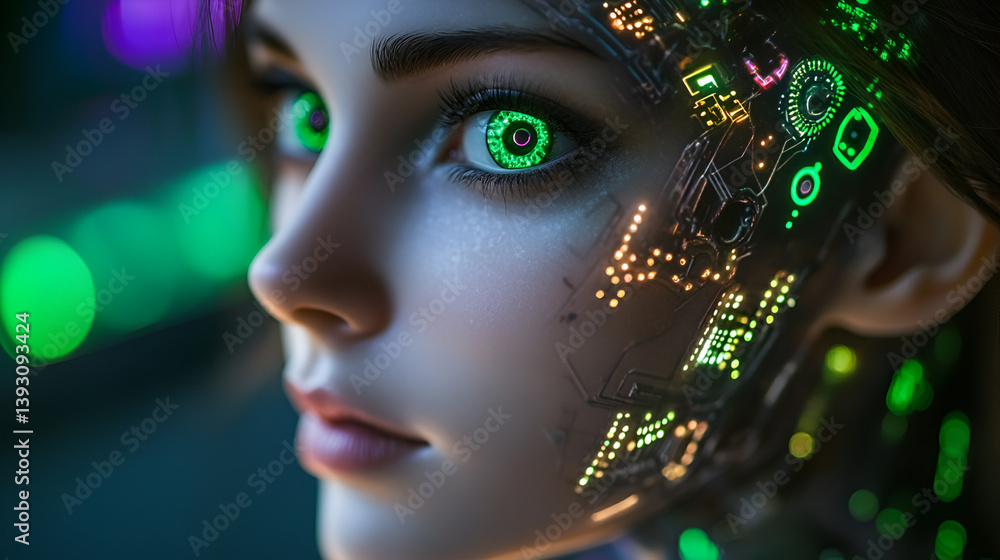 © wannn - A female robot with green eyes and dark grey metallic skin, a cyberpunk-style background, green and purple lighting effects, a high-tech atmosphere