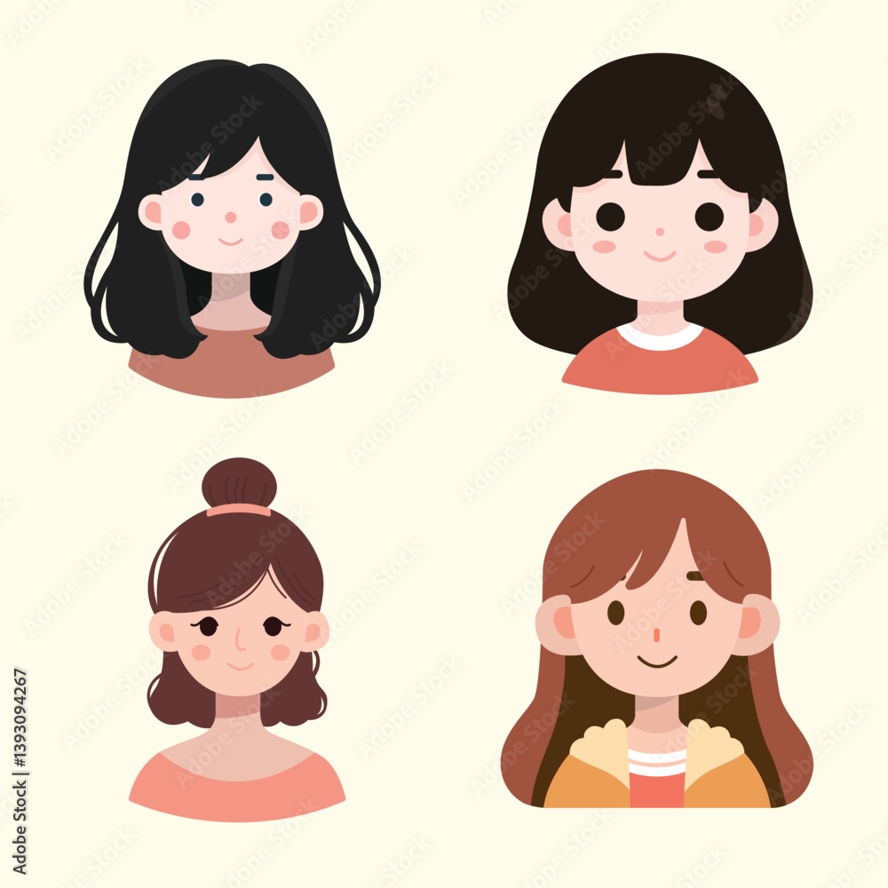 Four girl's faces character illustration with different hair colors, Four girl avatar character vector illustration flat design Four girl's faces character illustration with different hair colors, Four girl avatar character vector illustration flat design