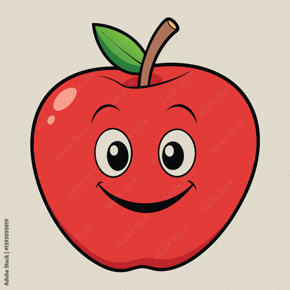 Cute Cartoon Red Apple with Happy Face and Leaf Illustration Cute Cartoon Red Apple with Happy Face and Leaf Illustration