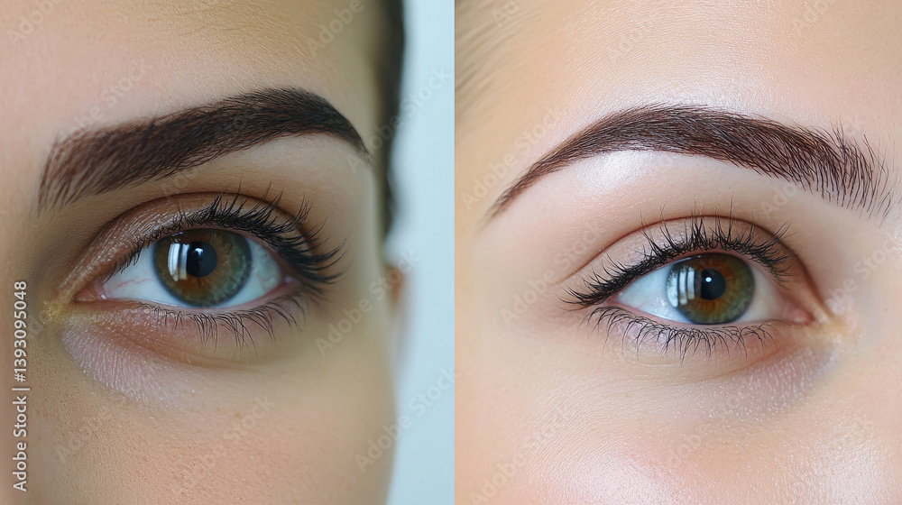 Fototapeta premium Female eyes closeup before and after eyebrows dying and modeling by steps.