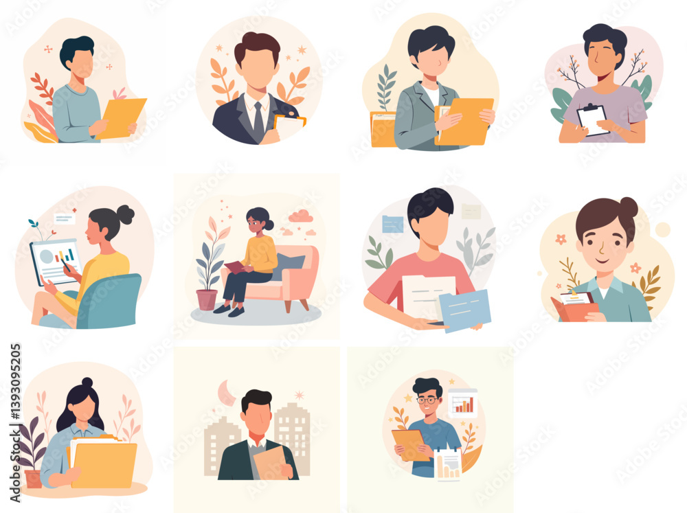 set of People with documents and folders in flat illustration style representing office work and study set of People with documents and folders in flat illustration style representing office work and study