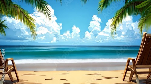 Tropical Beach Paradise: Relaxing Ocean View with Two Deck Chairs Under Palm Trees