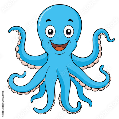 Smiling Octopus Illustration: A friendly blue and orange octopus with a toothy grin and eight tentacles smiles cheerfully at the viewer in this cheerful cartoon illustration.