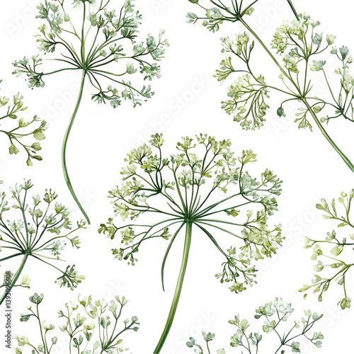 Watercolor Dill Flowers Dark Background Botanical Print,