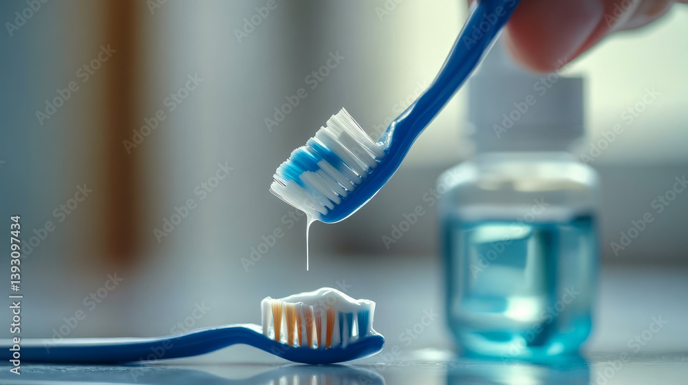 Applying paste on toothbrush near mouthwash, closeup Applying paste on toothbrush near mouthwash, closeup