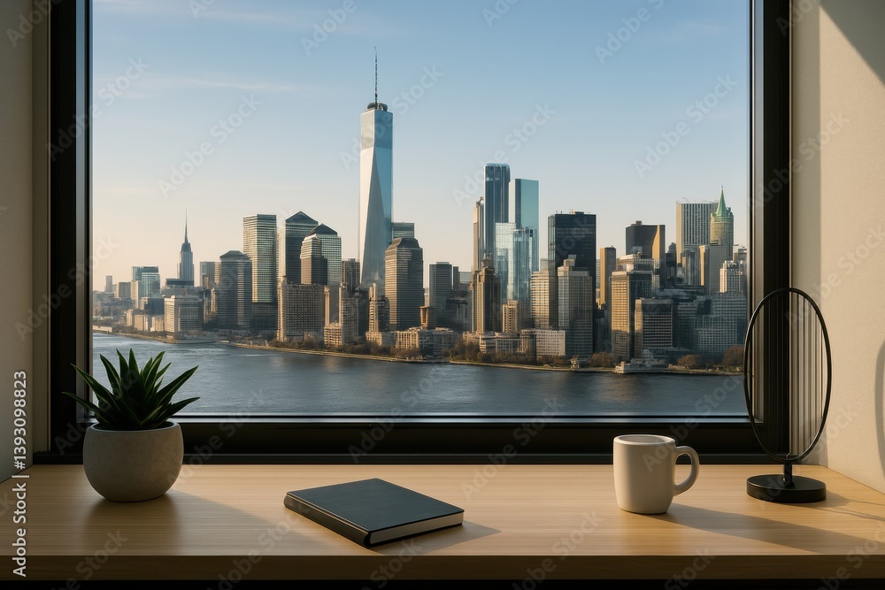 Obraz premium A serene view of a modern city skyline from a bright window, featuring iconic skyscrapers, a river, and a stylish interior workspace.