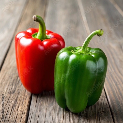 Red and Green Bell Peppers on a Rustic Wooden Surface