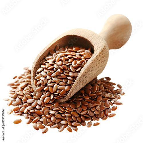Brown flax seeds in a wooden scoop healthy food