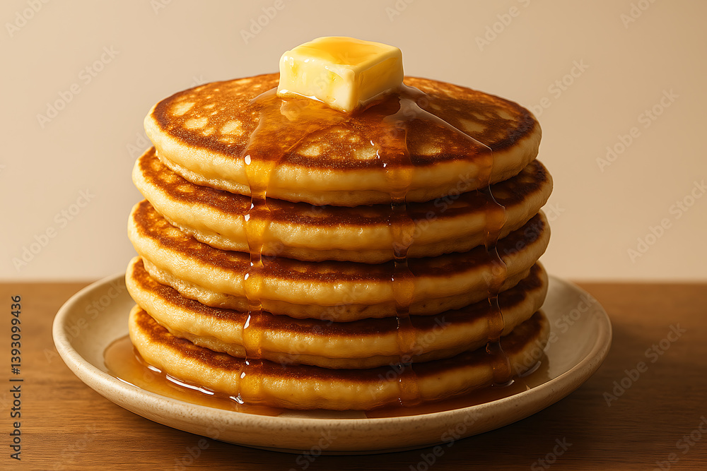 stack of golden pancakes with butter and maple syrup dripping on ceramic plate isolated on warm background ideal for breakfast menu design food advertisement or sweet morning concept stack of golden pancakes with butter and maple syrup dripping on ceramic plate isolated on warm background ideal for breakfast menu design food advertisement or sweet morning concept