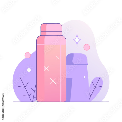 Vector of pastel pink and purple thermos bottles with sparkles, soft and modern illustration symbolizing eco-friendly hydration and stylish portable drinkware