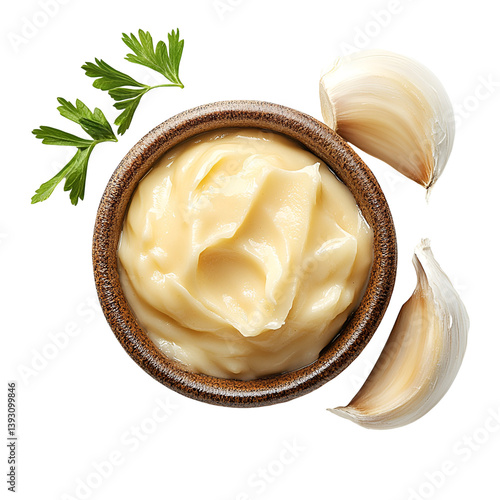 Canvastavla Creamy Garlic Sauce in Wooden Bowl with Parsley and Garlic Cloves,