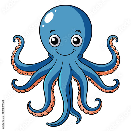 Cheerful Octopus: A charming blue octopus, rendered in an artful cartoon style, with a bright smile and friendly demeanor, makes a whimsical illustration, perfect for adding a touch of aquatic charm.
