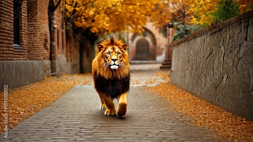 Majestic Lion Walking Down an Autumnal Cobblestone Street
