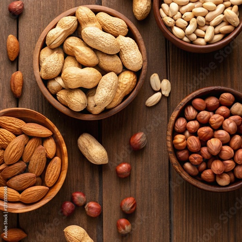 Variety of nuts in wooden bowls on a brown wooden surface.