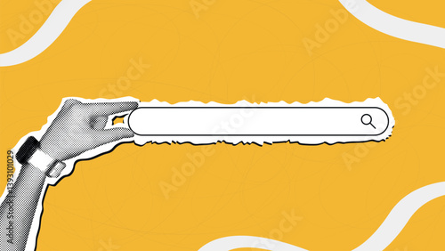 Social media banner.Creative halftone hand with search bar.Retro template for online sales,advertising,search,training,global strategy.Bright design to attract the attention of the target audience.