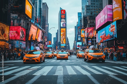 Times Square New York City Vibrant Urban Scene with Yellow Taxis and Bright Billboards Busy City Life : Generative AI